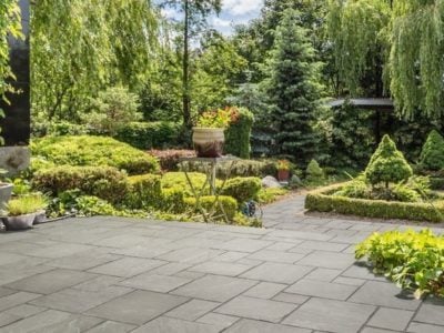 Stonemarket Marketstone Grey Multi paving in situ surrounded by trees, bushes and landscaping
