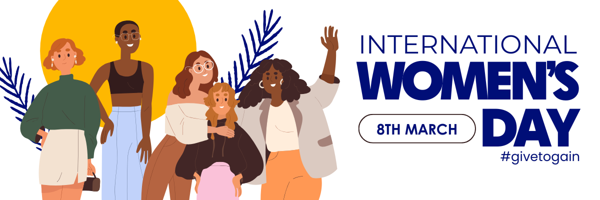 Banner celebrating International Womens Day 2026 for theme Give to Gain
