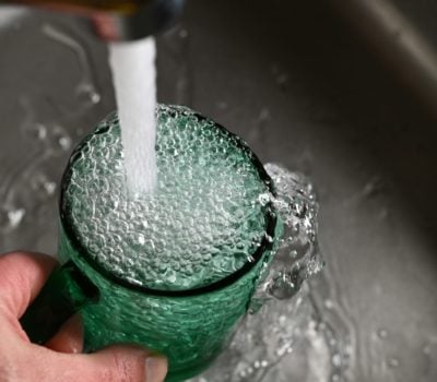 A hand holding a green glass, filling up with water from an overhead tap