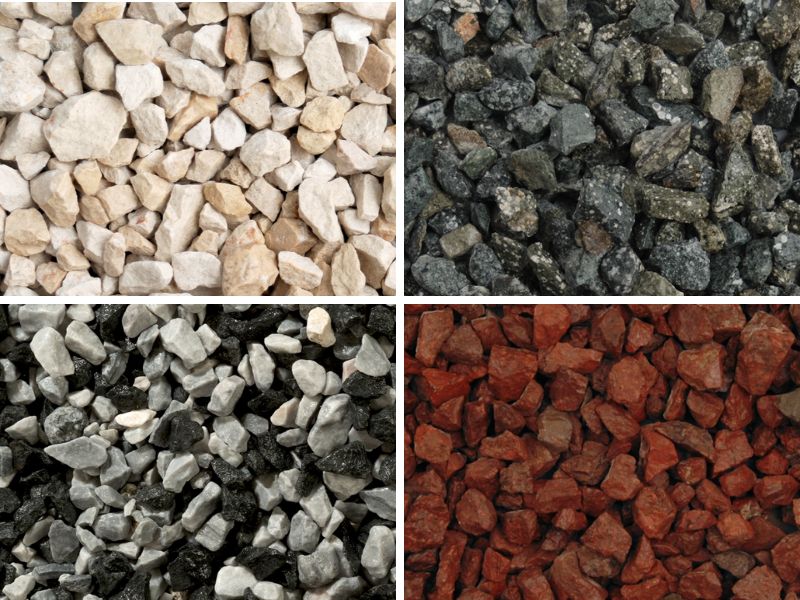 4 Square collage of Long Rake Spar decorative gravels, a cream Cotswold in top left, green granite in top right, a mix of black and grey gravel in bottom left and red granite gravel in bottom right