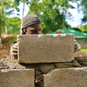 Man placing a block on a layer of mortar and building a wall