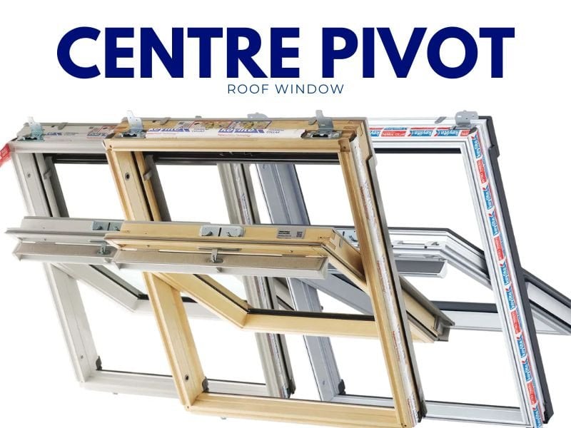 An arrangement of Keylite Centre Pivot Roof Windows on a white background with blue text