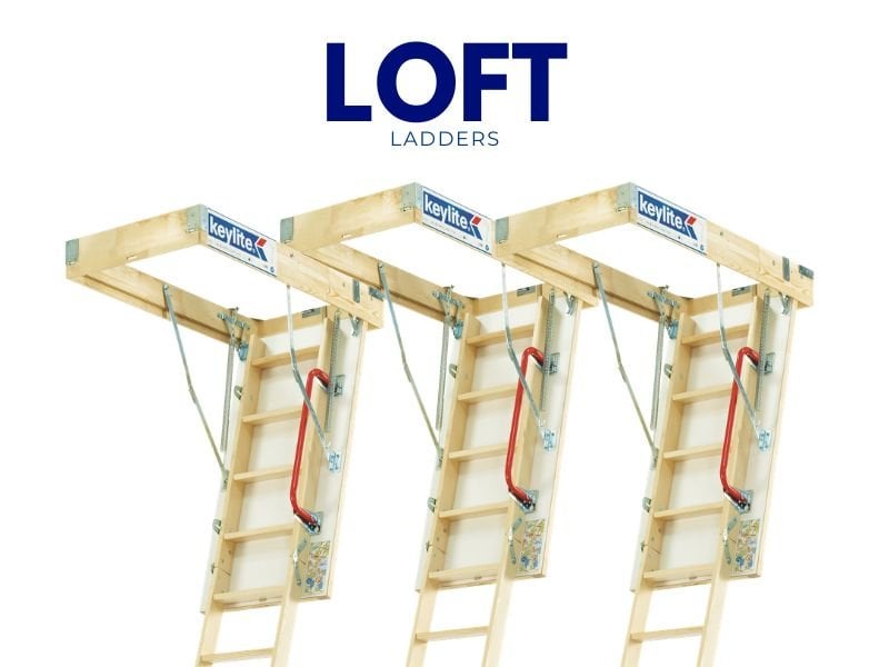 An arrangement of Keylite Loft Ladders on a white background with blue text