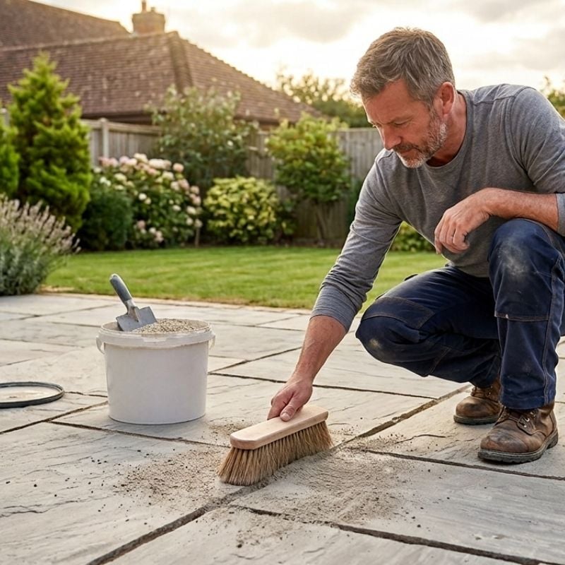 Photo by Turnbull & Co Ltd via Canva Pro a man brushing in jointing compound on a grey sandstone patio