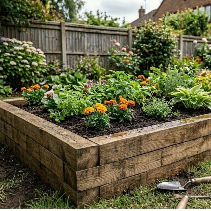 Retainer bed made out of timber sleepers filled with soil and green plants and orange flowers