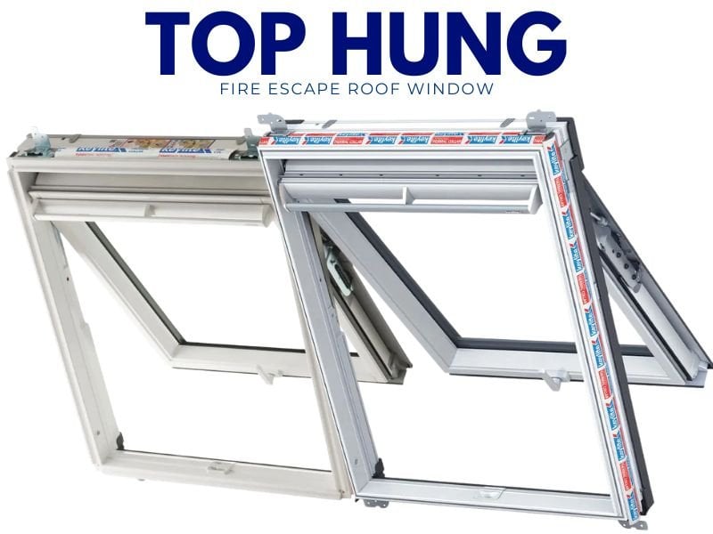 An arrangement of Keylite Top Hung Fire Escape Roof Windows on a white background with blue text