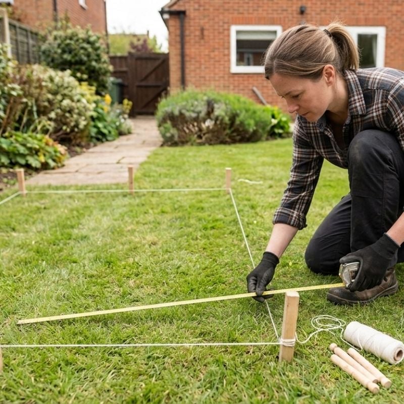 Photo by Turnbull and Co Ltd via Canva Pro a lady marking out area on grass with string