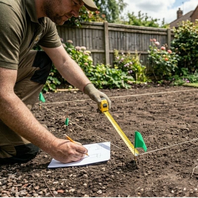 man marking out area on soil with tape measure and string