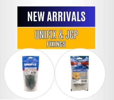 Ner Arrivals banner in white writing on blue background. Unifix & JCP Fixings banner in white writing on yellow background.