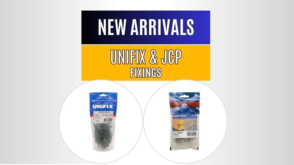Ner Arrivals banner in white writing on blue background. Unifix & JCP Fixings banner in white writing on yellow background.