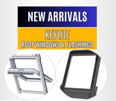 Grey Banner featuring a Keylite Centre Pivot Window and a Keylite Roof Flashing Kit. New Arrivals title in white writing set on a blue background. Keylite Roof Windows & Flashings text in white set on a yellow background.
