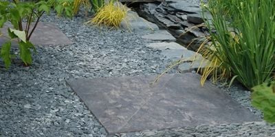 Blue slate chippings laid on a path with some green foliage at the edges