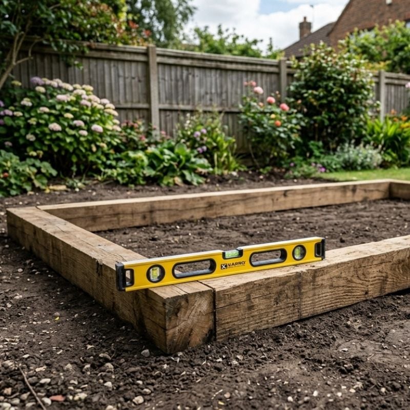 Timber Sleeper Retainer Bed rectangular frame laid on a bed of soil with a spirit level on top