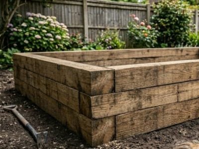 Retainer bed made out of timber sleepers arranged three layers high