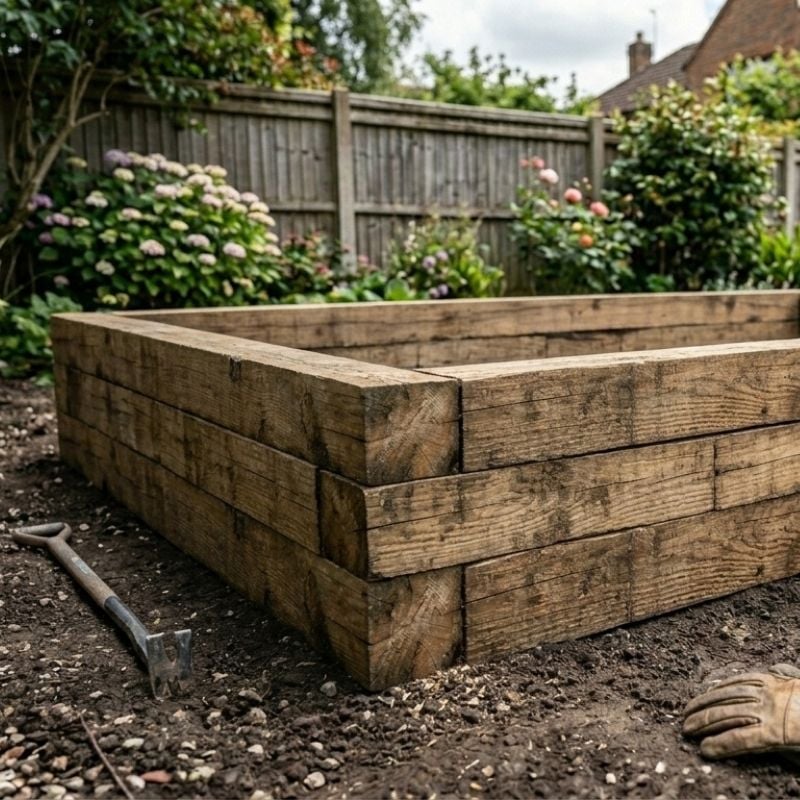 Retainer bed made out of timber sleepers arranged three layers high