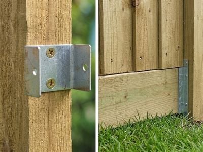 split image of a fence clip installed on a fence post on the left, and a fence panel installed on top of a gravel board on the right