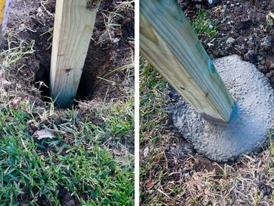 setting fence post in hole with concrete