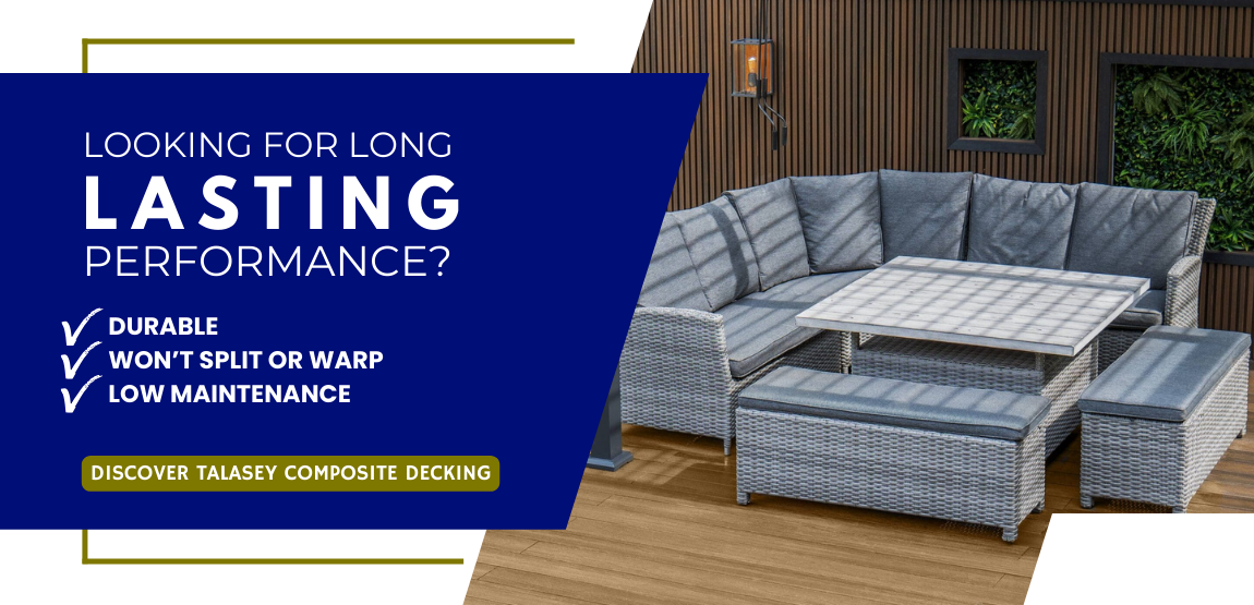 Grey modern outdoor sofa and table set on wooden decking. Promoting Talasey Decking.