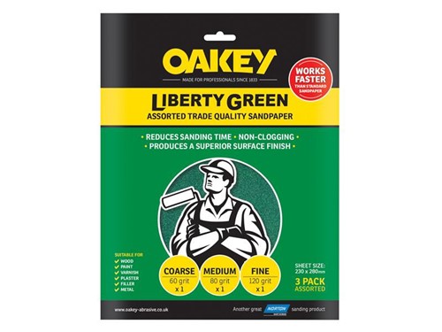 Oakey Liberty Green Sandpaper Sheets 230 x 280mm - Assorted Pack of 3