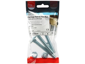 Carriage Bolt & Hex Nut BZP M10 x 75mm Pack of 3