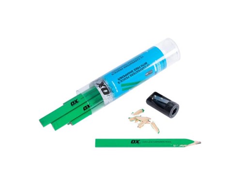 Ox Trade Hard Lead Green Carpenters Pencils with Sharpener - 10 Pack