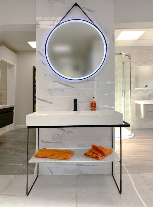 Statement black line contemporary bathroom vanity with storage and iluminated mirror