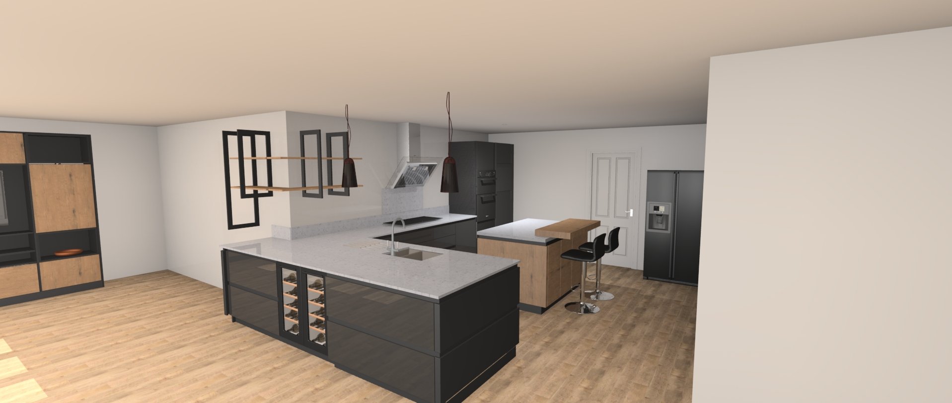 3d image of open plan kitchen