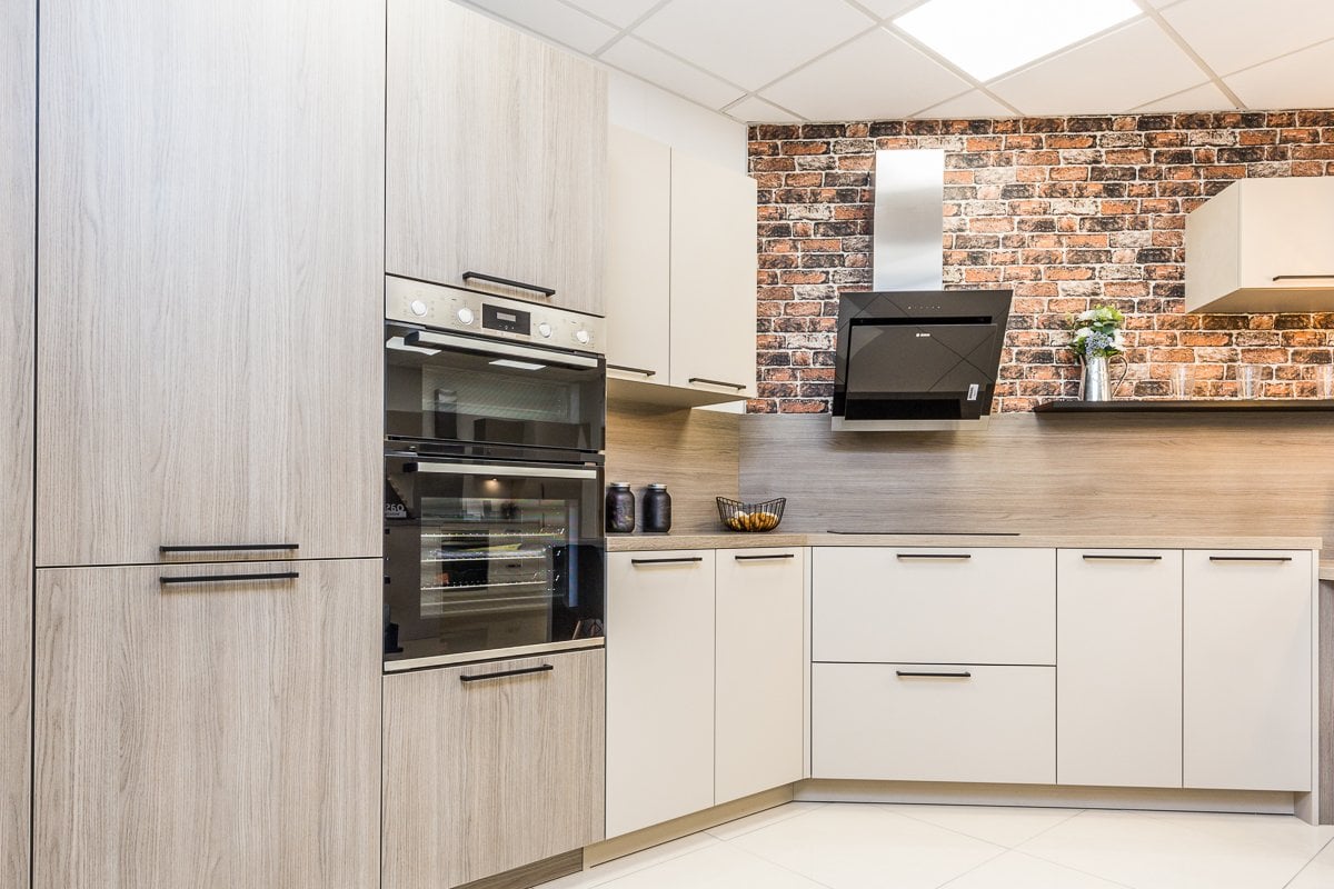 Symphony modern kitchen with exposed brick effect