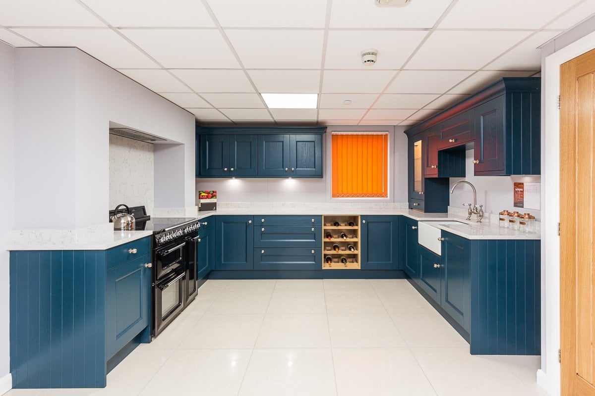 Navy shaker kitchen from Sheraton on Display at Newark Showroom