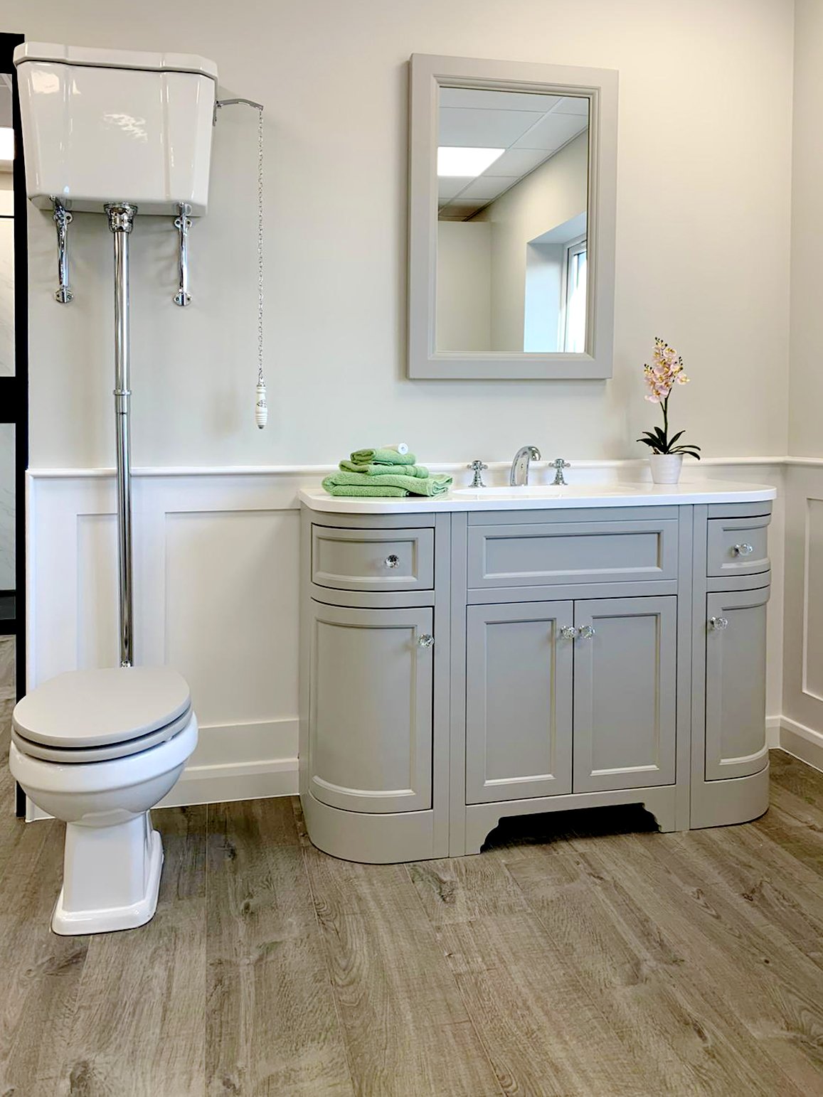 Burlington high level cistern bathroom with traditional vanity unit