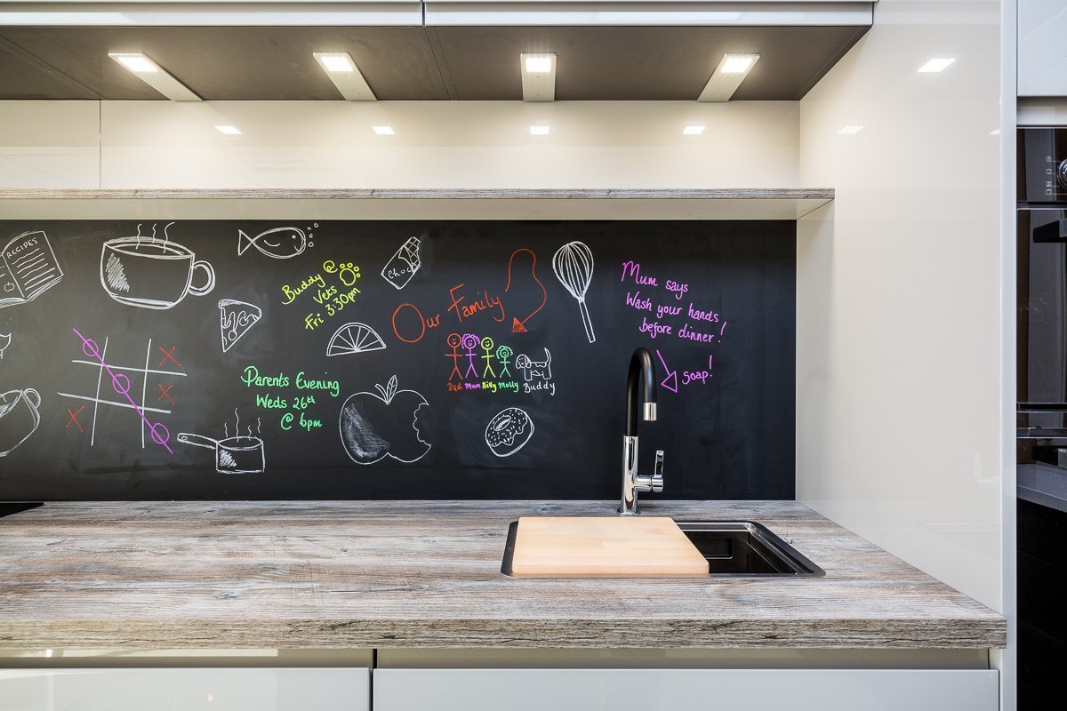 Blackboard backsplash - have fun with interesting Kitchen Ideas - on display at Sleaford Showroom