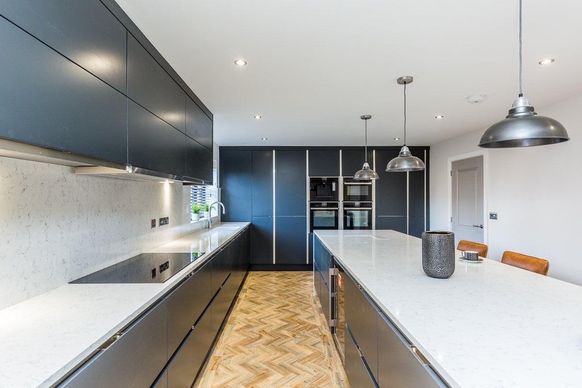 Sheraton Kitchen Island and quarts worktop- blue kitchen with quartz worktop