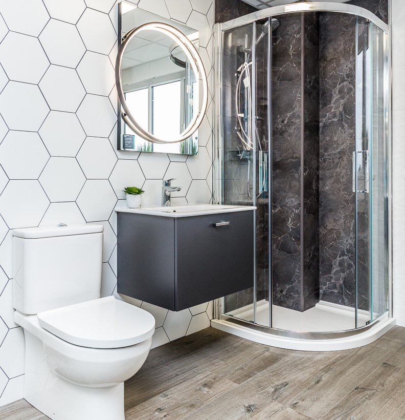 Go graphic with hexagonal bathroom tiles