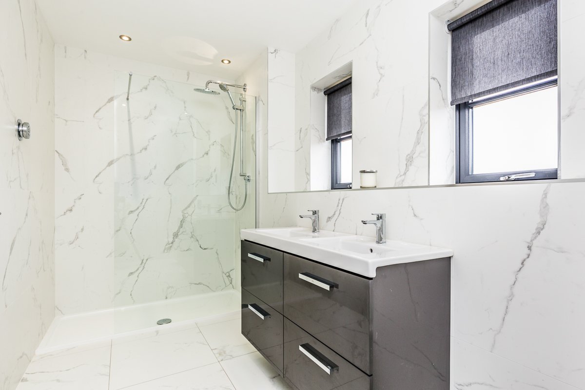 Bathroom Ideas - marble walls in monochrome bathroom