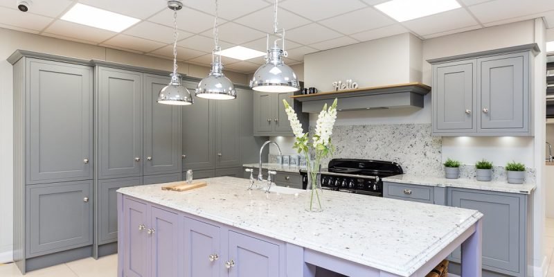 Grey Kitchen with Lilac kitchen island in Shaker style
