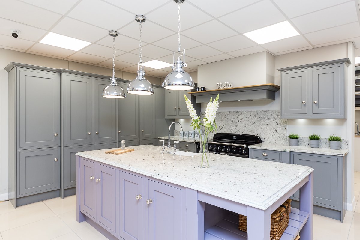 Grey Kitchen with Lilac kitchen island in Shaker style