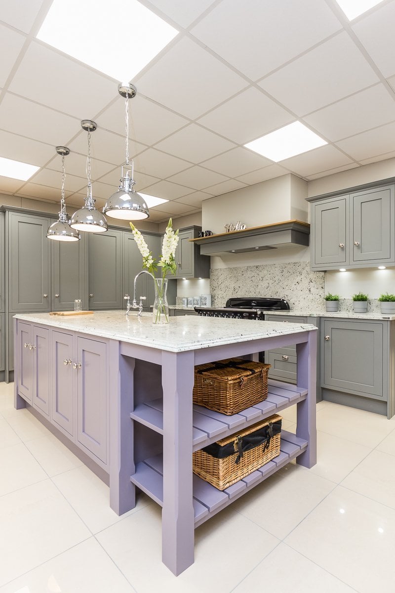 Grey kitchen with Lilac island in Shaker kitchen style