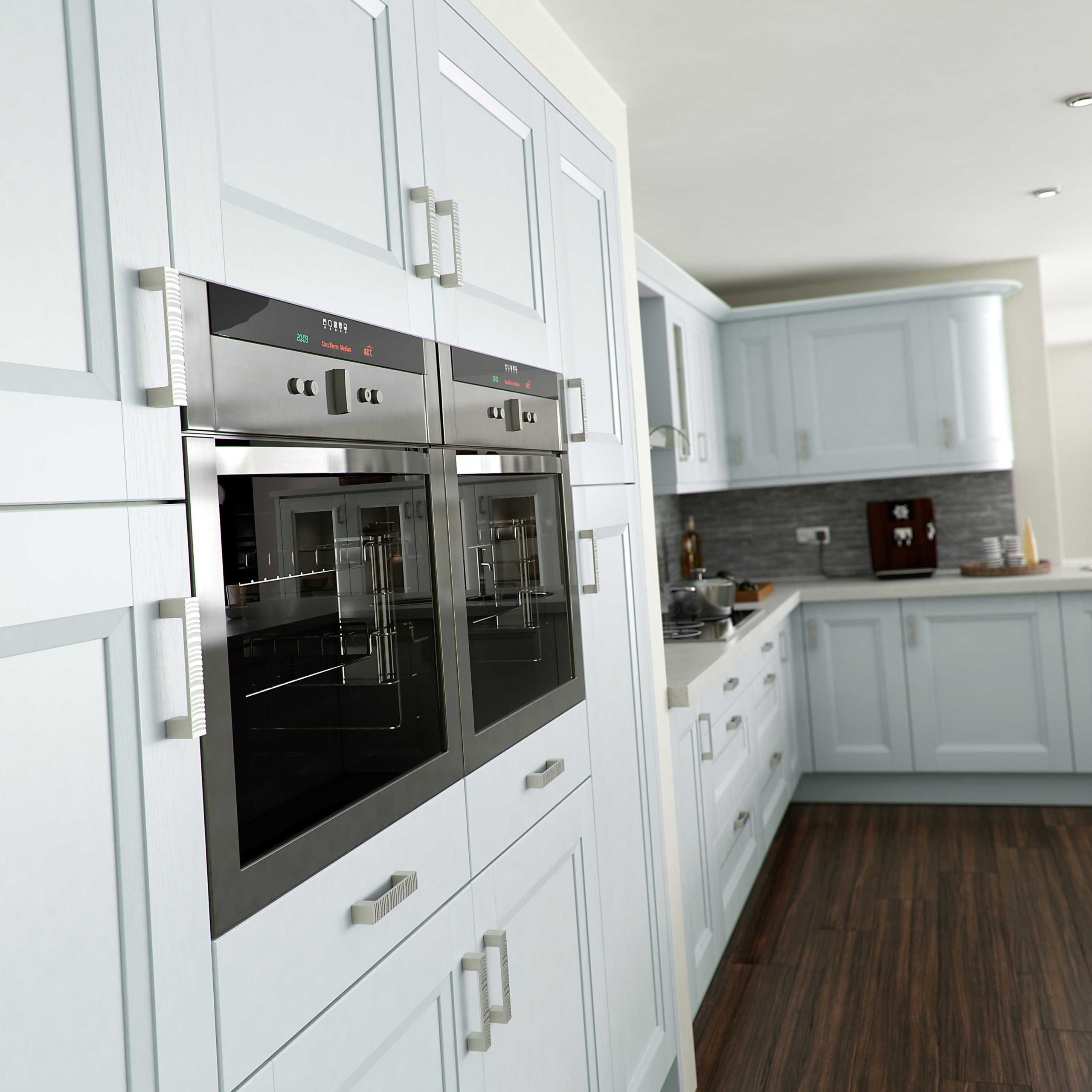 Sheraton Kitchens - Chamfered Shaker kitchen in Light Grey for a country kitchen look