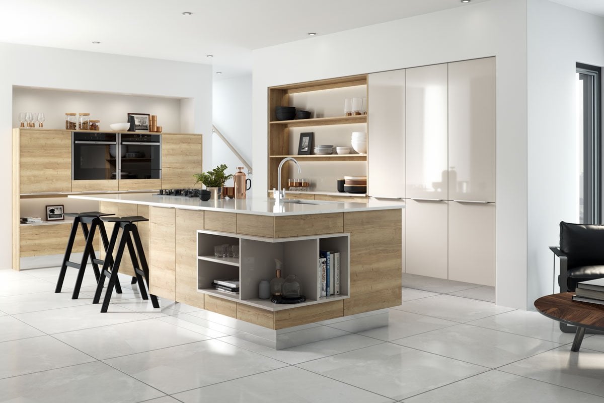 Modern Kitchen in two tone with natural elements - woodgrain New England Oak and Gloss Cashmere from Sheraton Kitchens