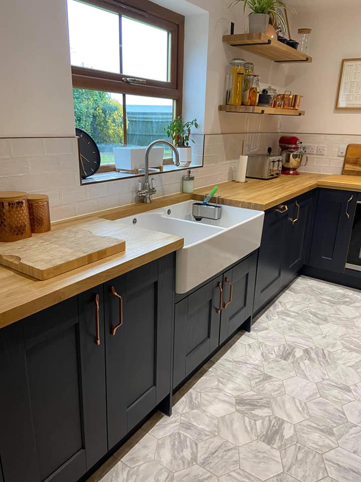 Indigo Kitchen with natural wood accents