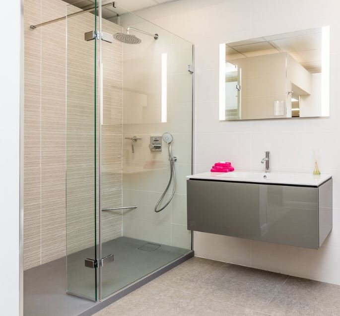 Walk-in shower in a modern bathroom