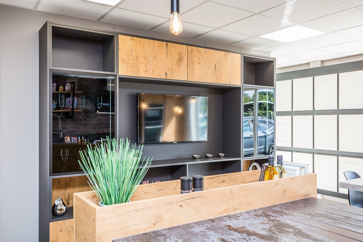 Modern Kitchens with matching media units on display at Brigg Showroom