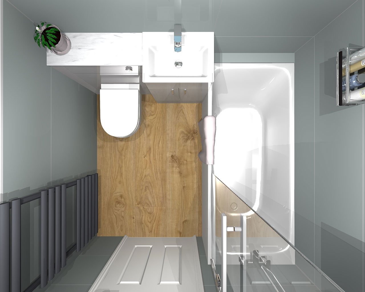 Small bathroom 3D design over overhead of small bathroom