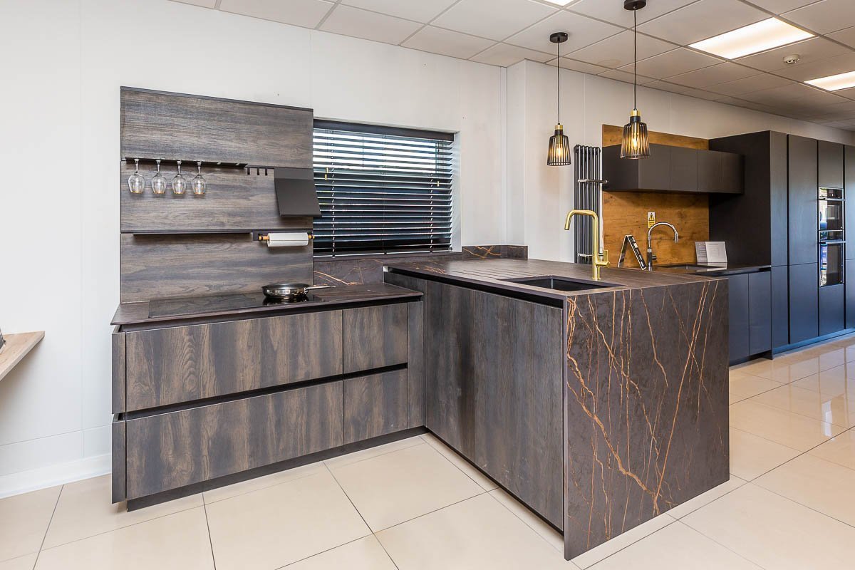 Grey Kitchen with marble-effect waterfall countertop