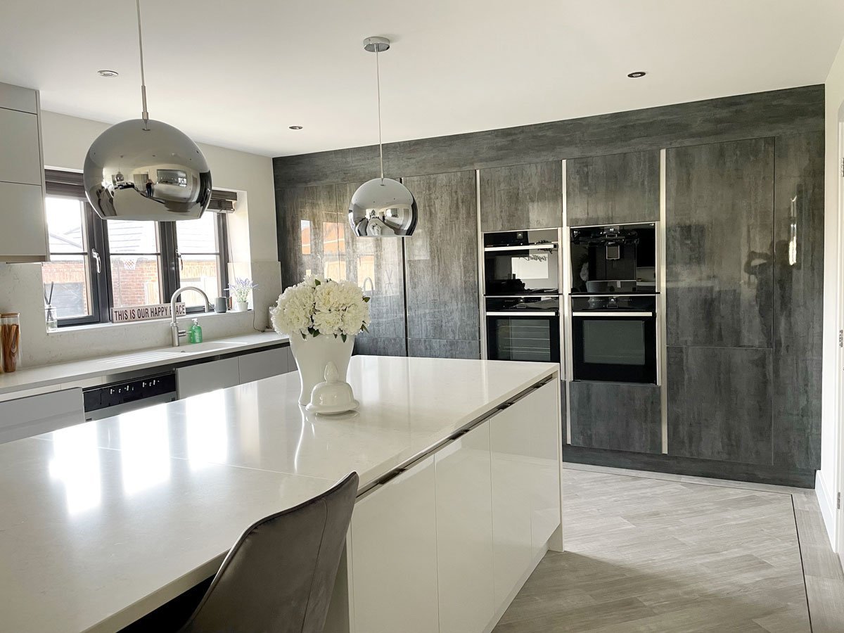 gloss grey kitchen with grey floor tiles