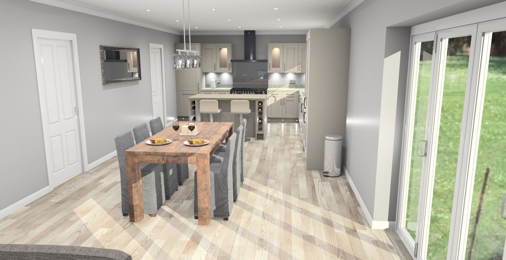 3D digital render of traditional kitchen space