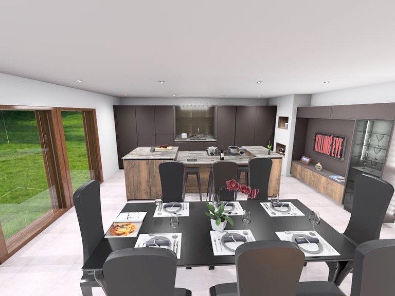 3D render of a modern open plan kitchen diner area with Rotpunkt Cabinetry