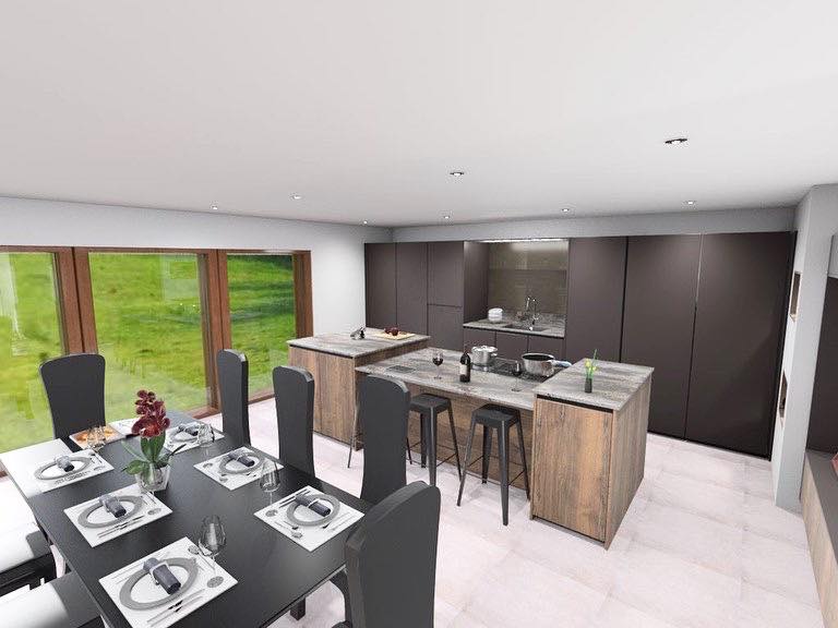 3D render of an open plan Rotpunkt Kitchen