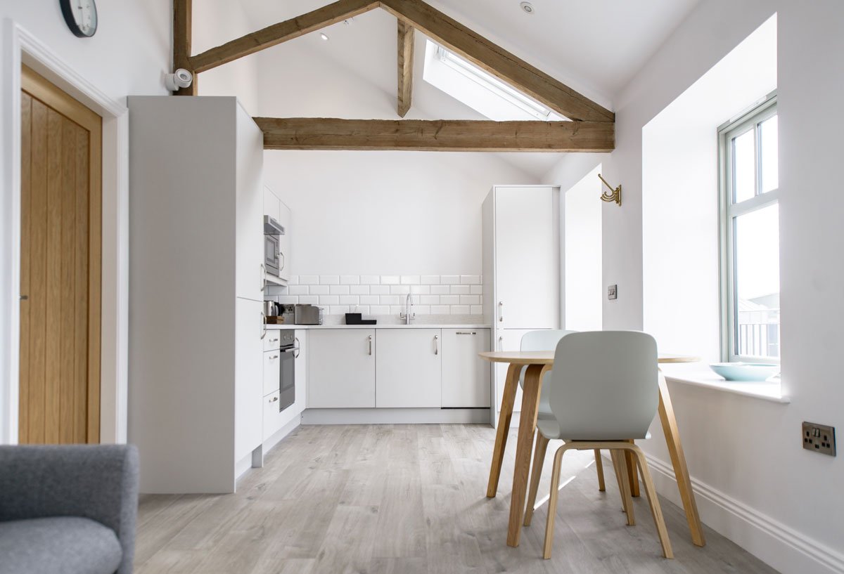 Contemporary White Kitchen with flat fronted cabinets