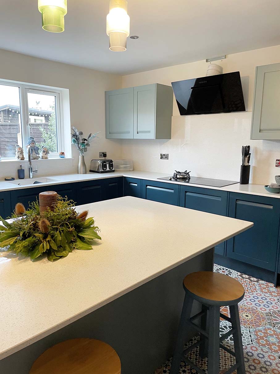 Kitchen Island and two tone Blue Kitchen
